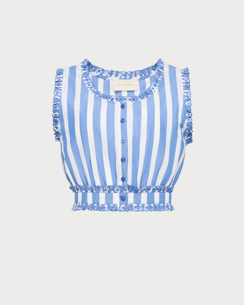 Veda Top in blue and cream striped cotton.