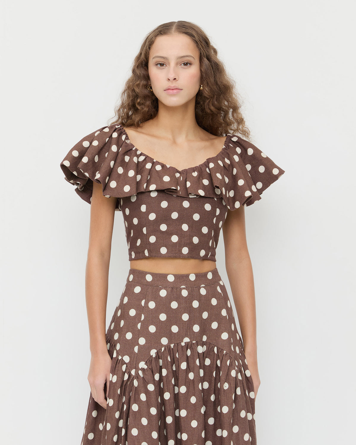 Vega Top in brown and cream polka dot in linen, and Valeria Skirt in brown and cream polka dot in linen.
