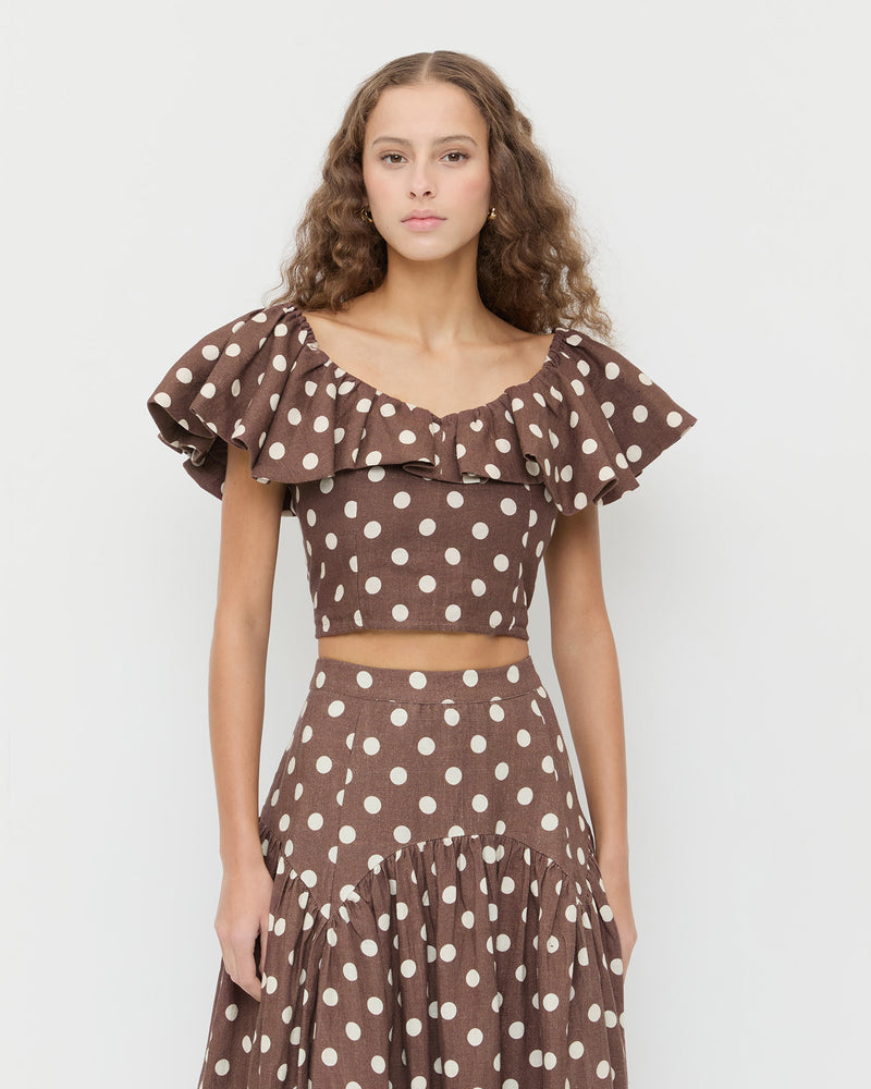 Vega Top in brown and cream polka dot in linen, and Valeria Skirt in brown and cream polka dot in linen.