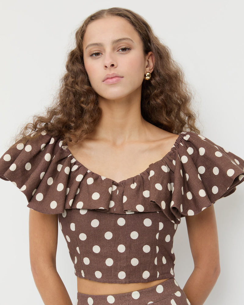Vega Top in brown and cream polka dot in linen.