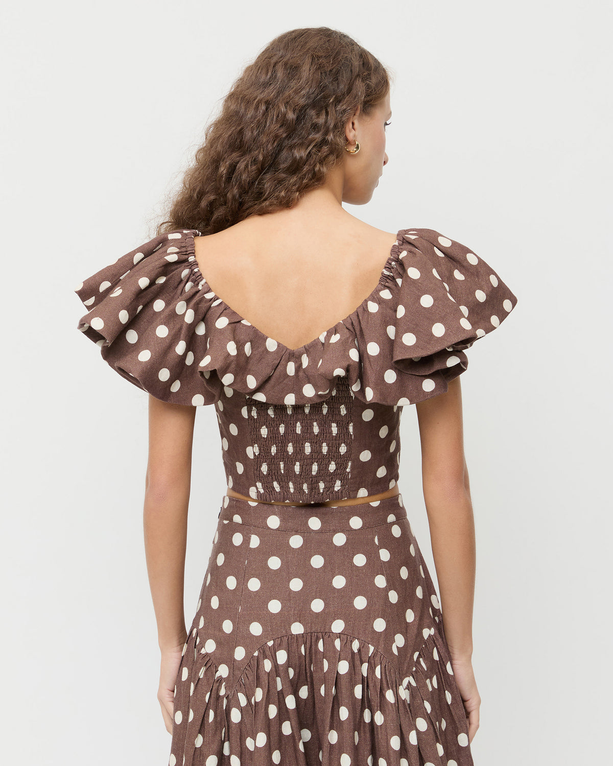 Vega Top in brown and cream polka dot in linen, and Valeria Skirt in brown and cream polka dot in linen.