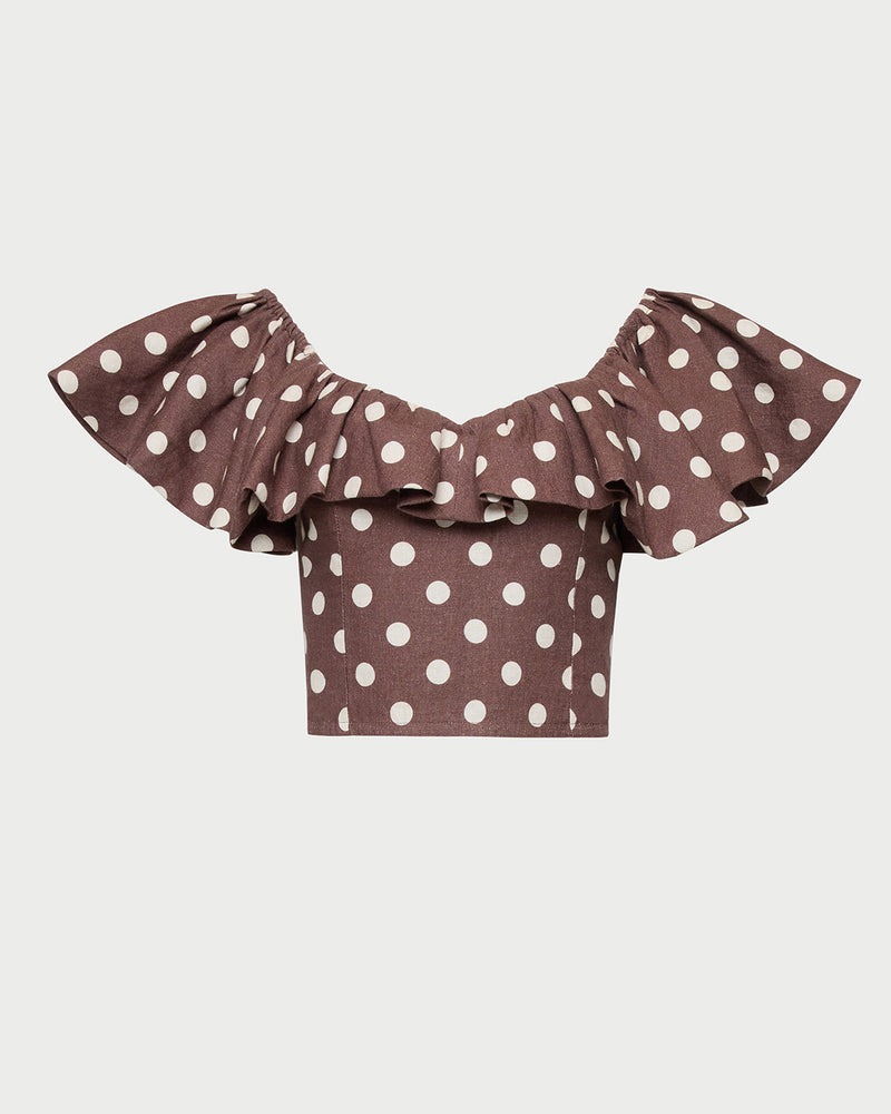 Vega Top in brown and cream polka dot in linen.