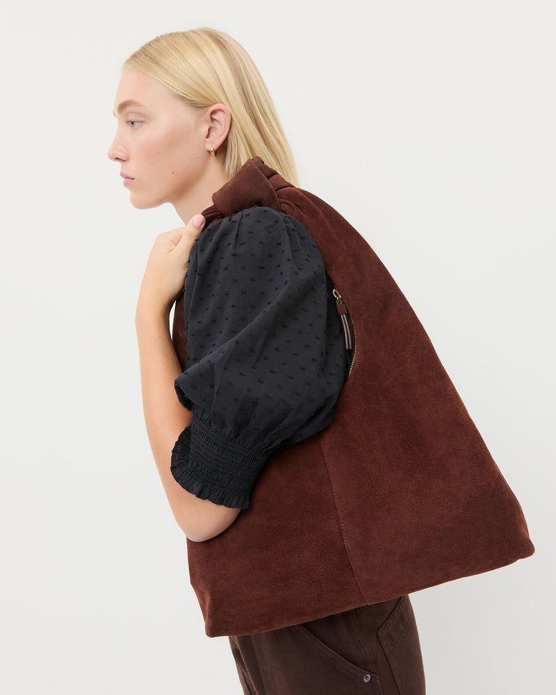 Vittoria Espresso Suede Shoulder Bag in espresso suede.