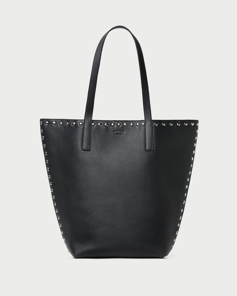 Walker Black/Silver Leather Tote in black pebbled leather and silver studs.