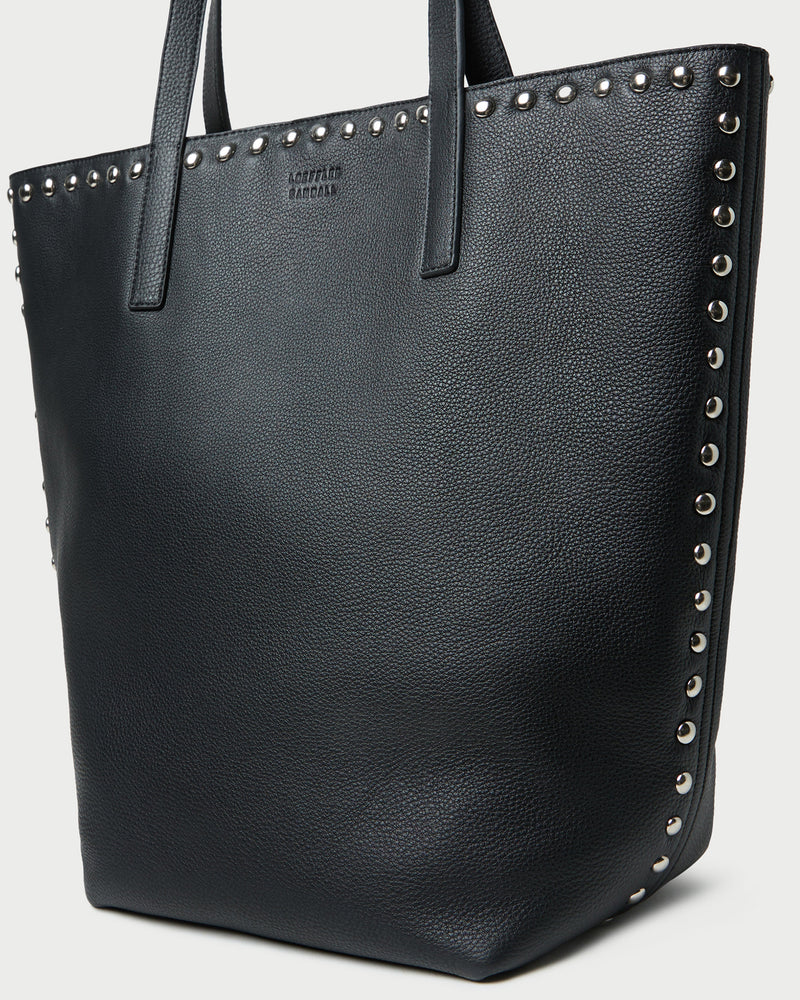 Walker Black/Silver Leather Tote in black pebbled leather and silver studs.