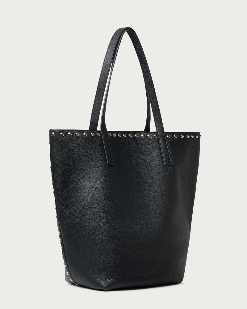 Walker Black/Silver Leather Tote in black pebbled leather and silver studs.