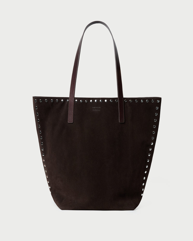 Walker Brown/Silver Suede Tote in brown suede and silver studs.