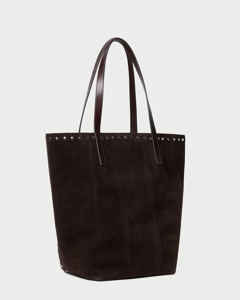 Walker Brown/Silver Suede Tote in brown suede and silver studs.
