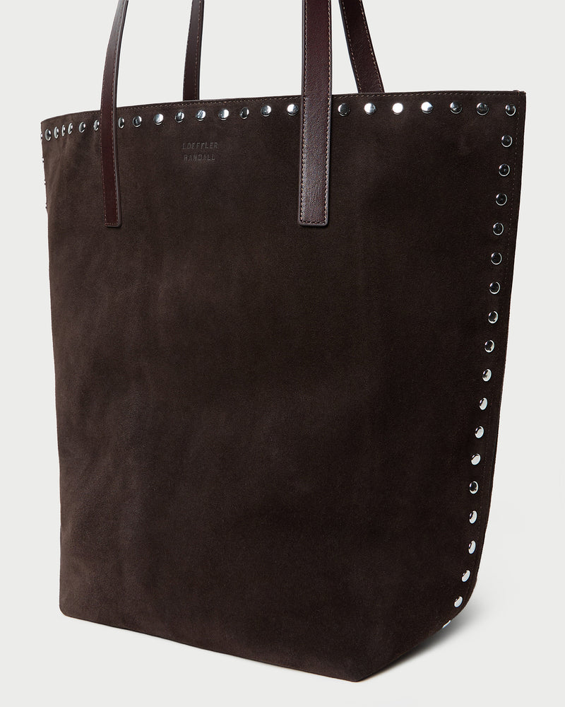 Walker Brown/Silver Suede Tote in brown suede and silver studs.