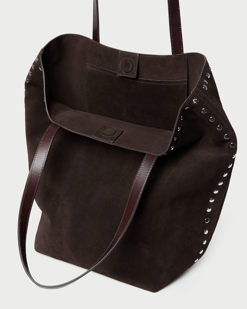Walker Brown/Silver Suede Tote in brown suede and silver studs.