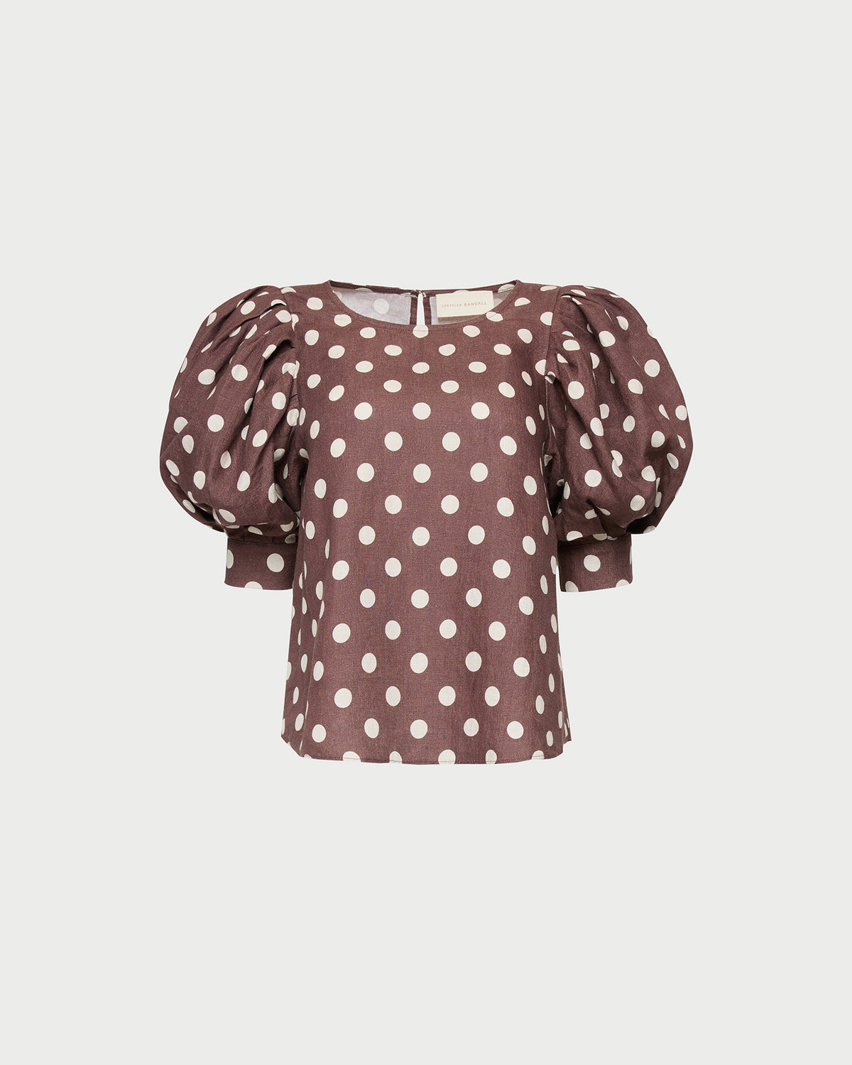 Waverly Top in brown and cream polka dot linen.
