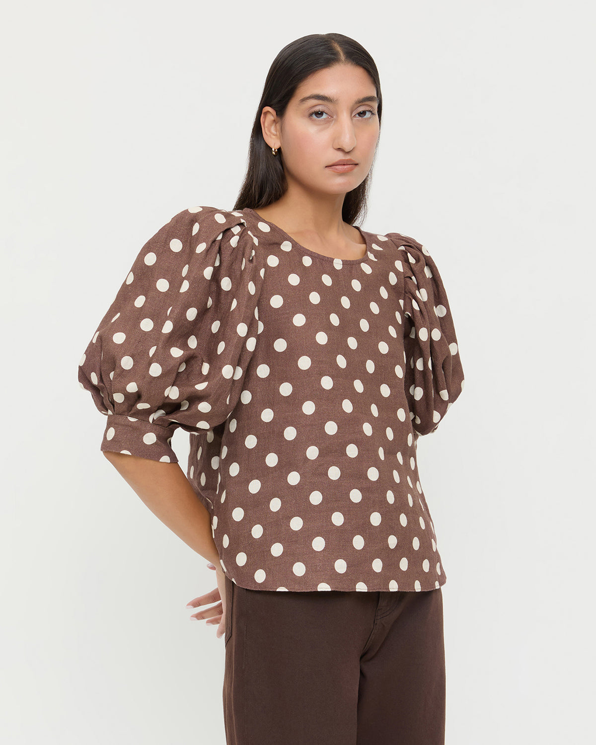 Waverly Top in brown and cream polka dot linen, and Winona Denim Pant in dark brown denim.