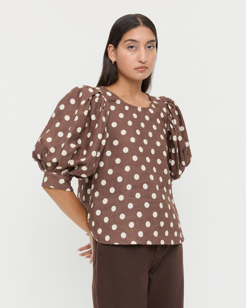 Waverly Top in brown and cream polka dot linen, and Winona Denim Pant in dark brown denim.
