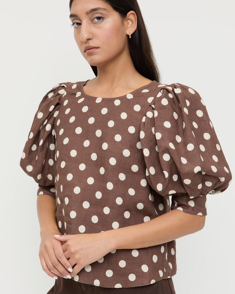 Waverly Top in brown and cream polka dot linen.