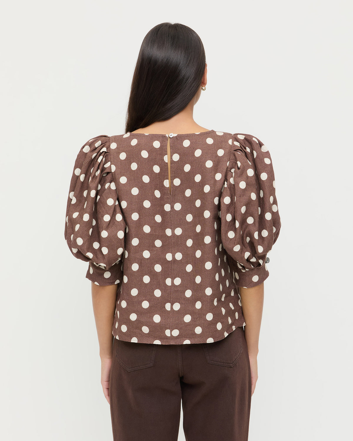 Waverly Top in brown and cream polka dot linen, and Winona Denim Pant in dark brown denim.
