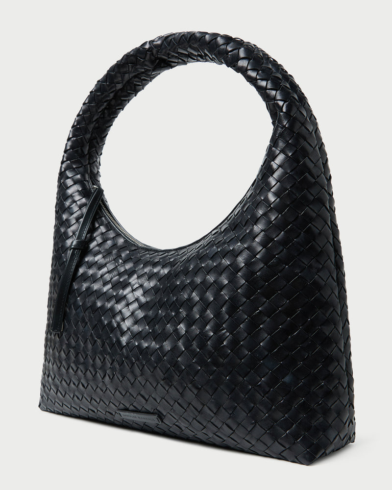 Willow Black Woven Hobo Bag in black woven leather.