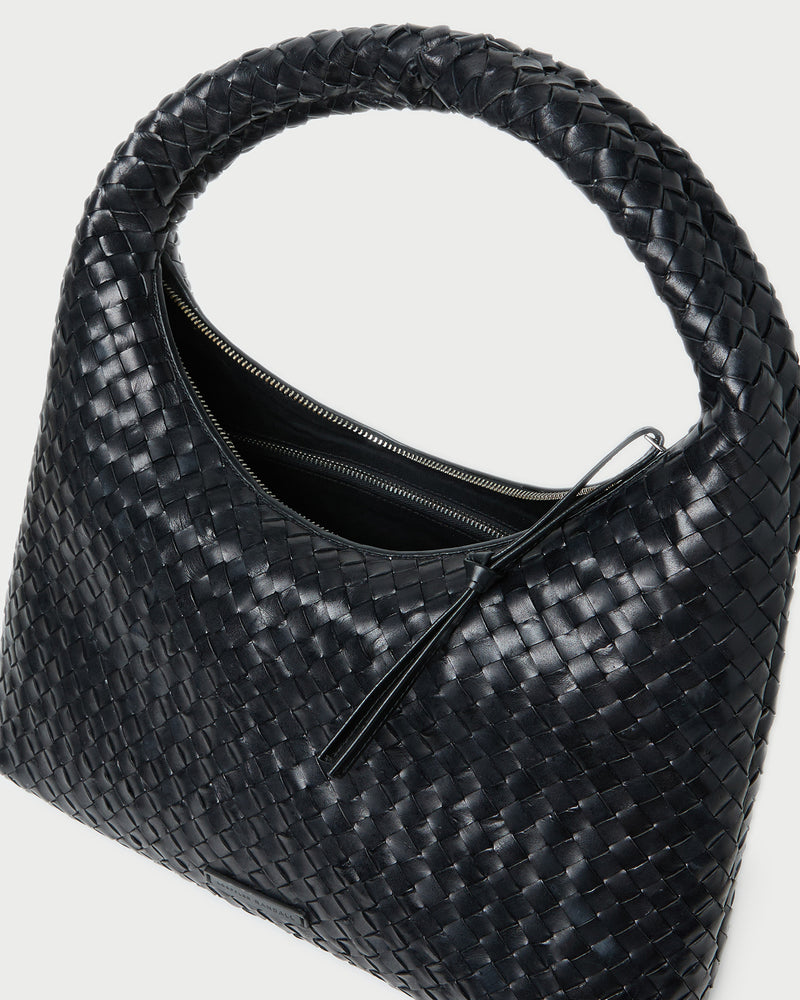 Willow Black Woven Hobo Bag in black woven leather.