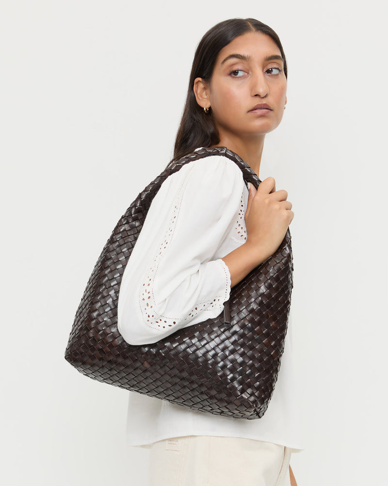 Willow Chocolate Woven Hobo Bag in chocolate brown woven leather and Felicity Blouse in cream cotton.
