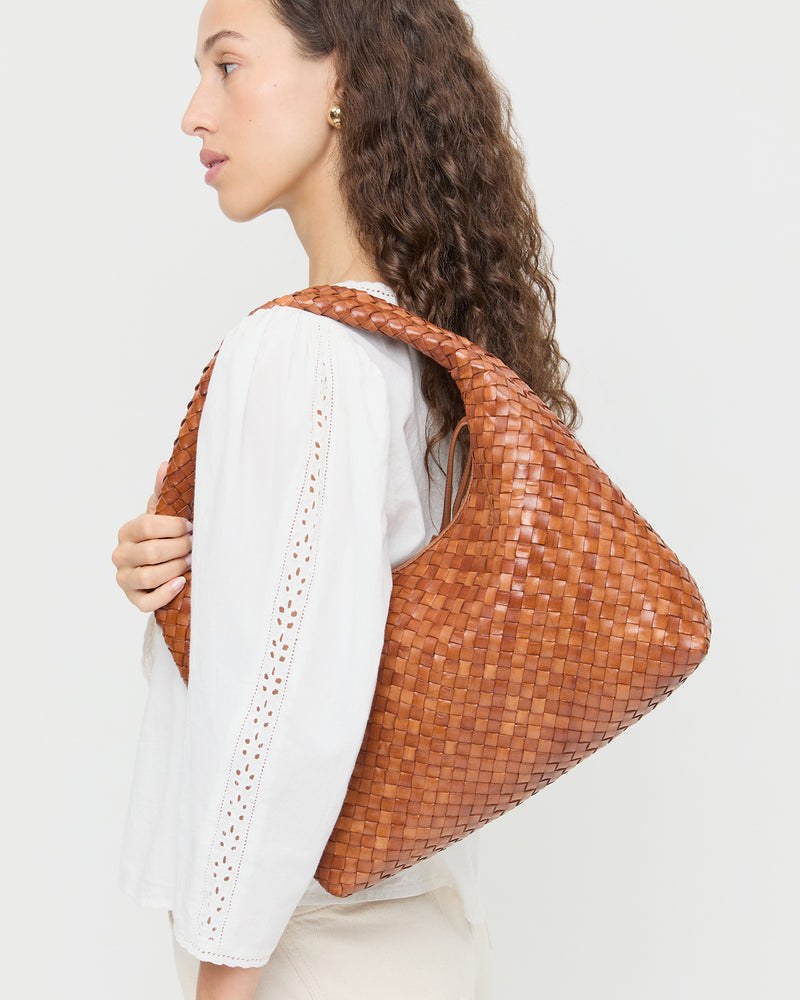Willow Timber Woven Hobo Bag in timber brown woven leather and Felicity Blouse in cream cotton.