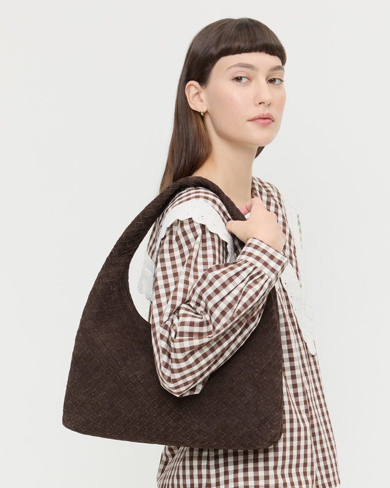 Willow Brown Suede Hobo Bag in brown woven suede.
