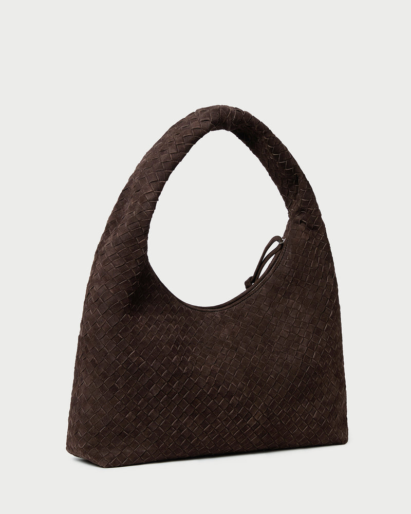 Willow Brown Suede Hobo Bag in brown woven suede.