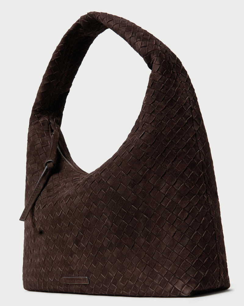 Willow Brown Suede Hobo Bag in brown woven suede.