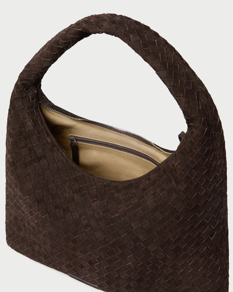 Willow Brown Suede Hobo Bag in brown woven suede.