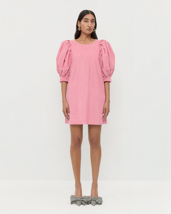 Willy Mini Dress in pink corduroy and Margot Black/White Gingham Bow Heels.