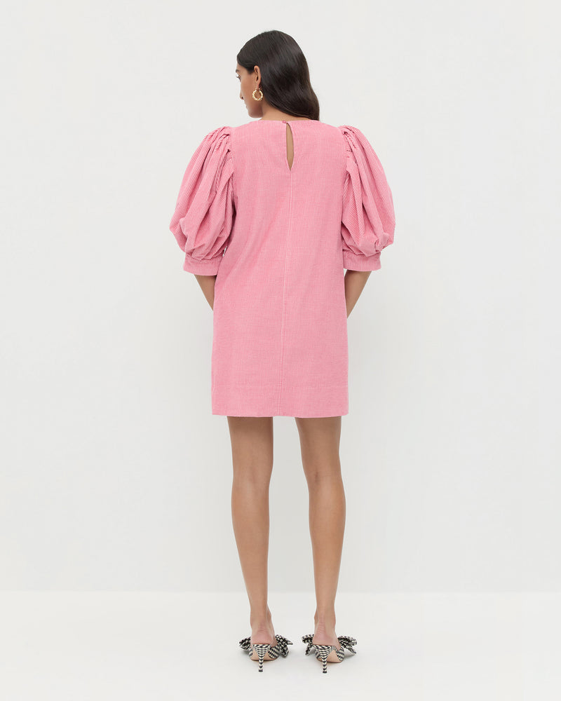 Willy Mini Dress in pink corduroy and Margot Black/White Gingham Bow Heels.