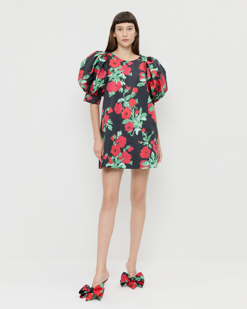 Willy Mini Dress in black floral faille material and Margot Black Floral Bow Mule.