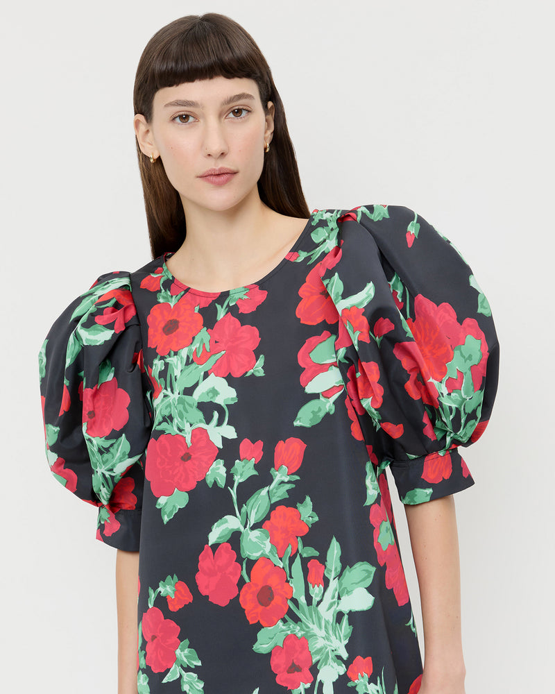 Willy Mini Dress in black floral faille material.