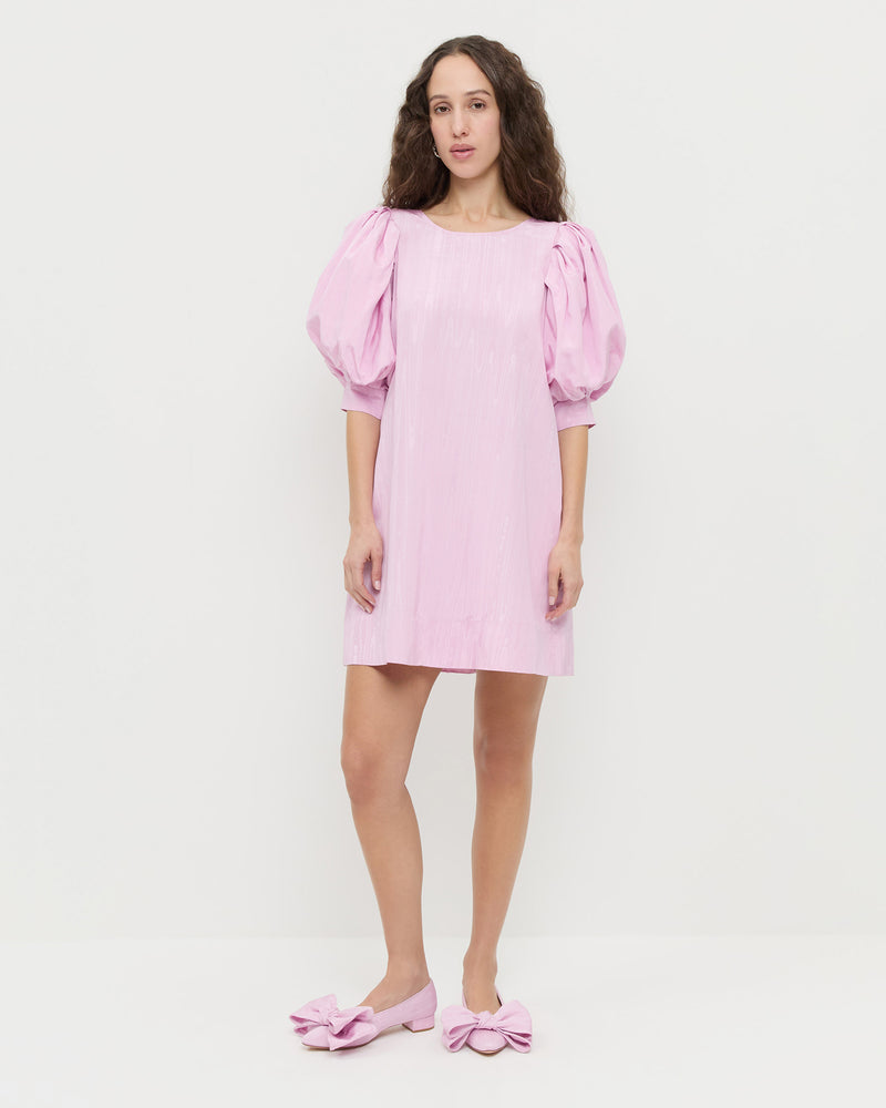 Willy Mini dress in powder pink moiré and Noa Pink Moiré Bow Flat.