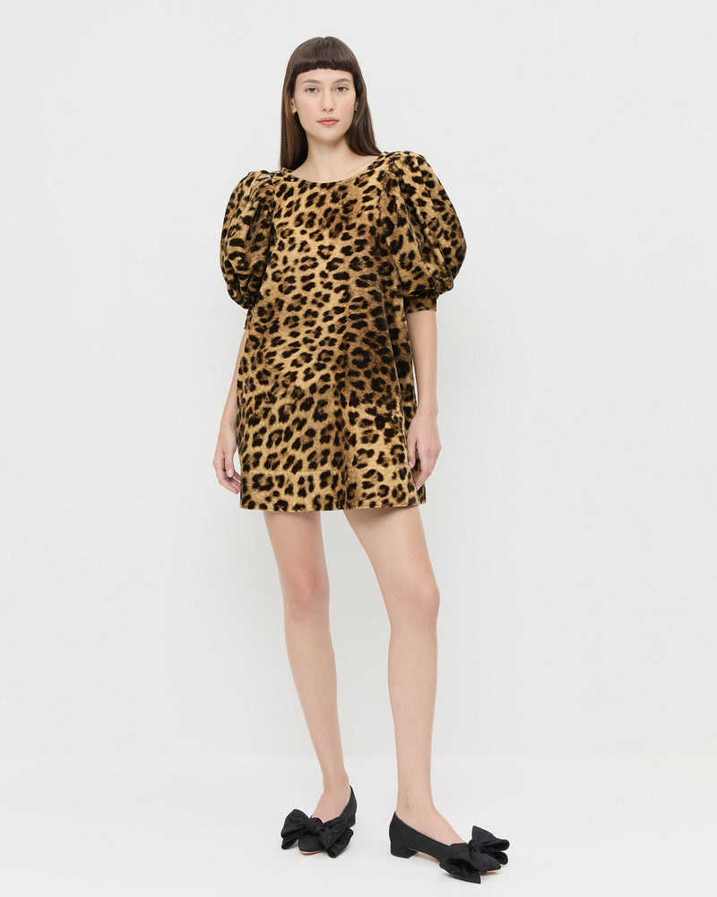 Willy Mini Dress in leopard print velvet and Noa Black Moiré Bow Flat.