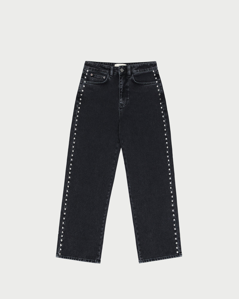 Winona Denim Barrel Pant in washed black and silver studs.