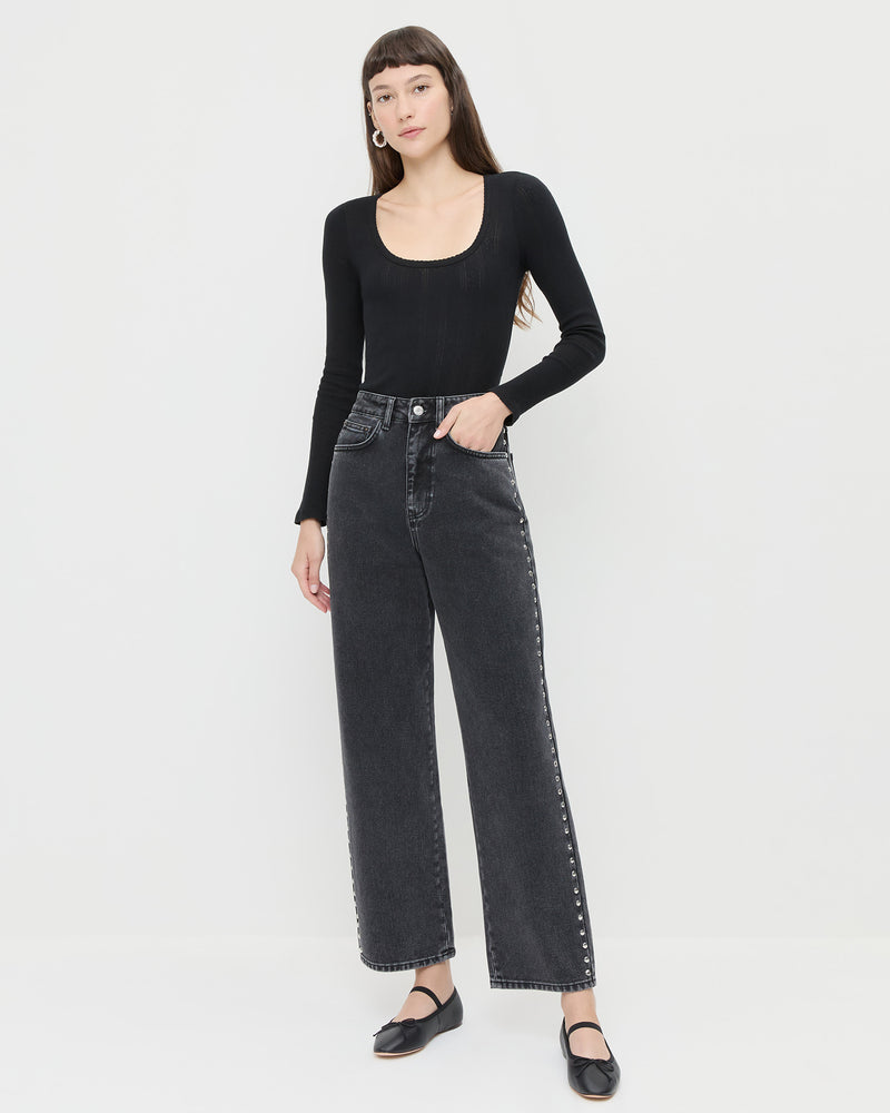 Winona Denim Barrel Pant in washed black and silver studs and Leonie Black Leather Ballet Flats.
