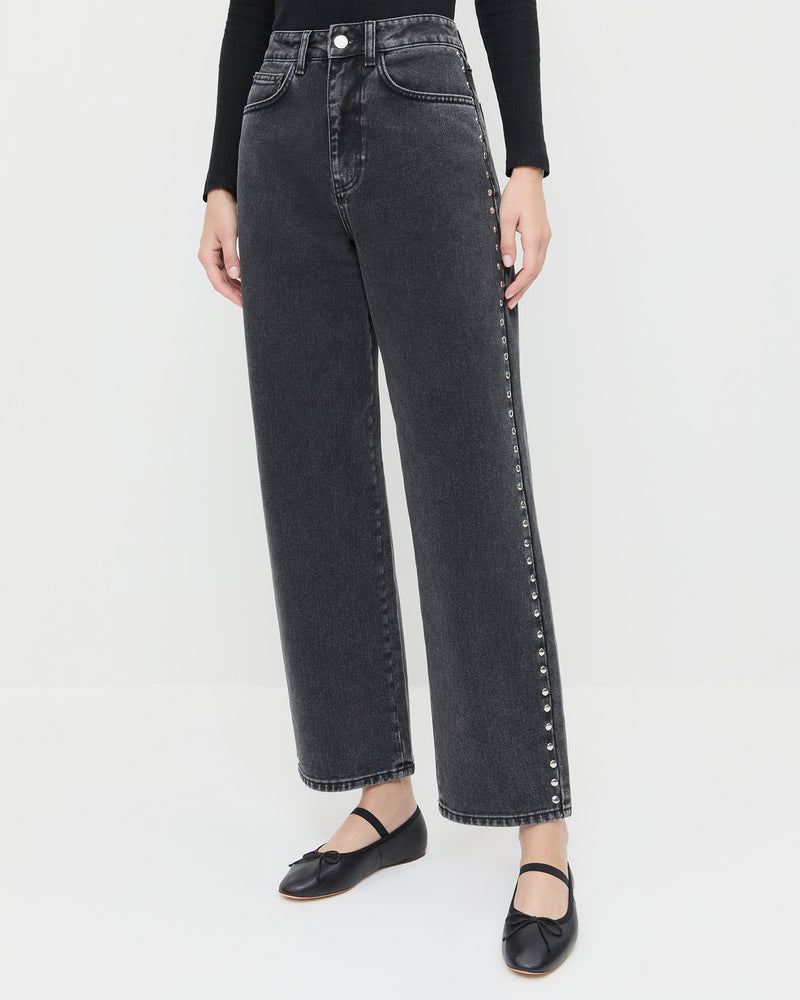 Winona Denim Barrel Pant in washed black and silver studs and Leonie Black Leather Ballet Flats.