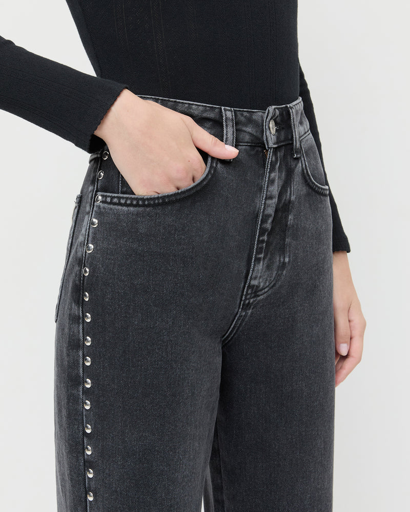Winona Denim Barrel Pant in washed black and silver studs.