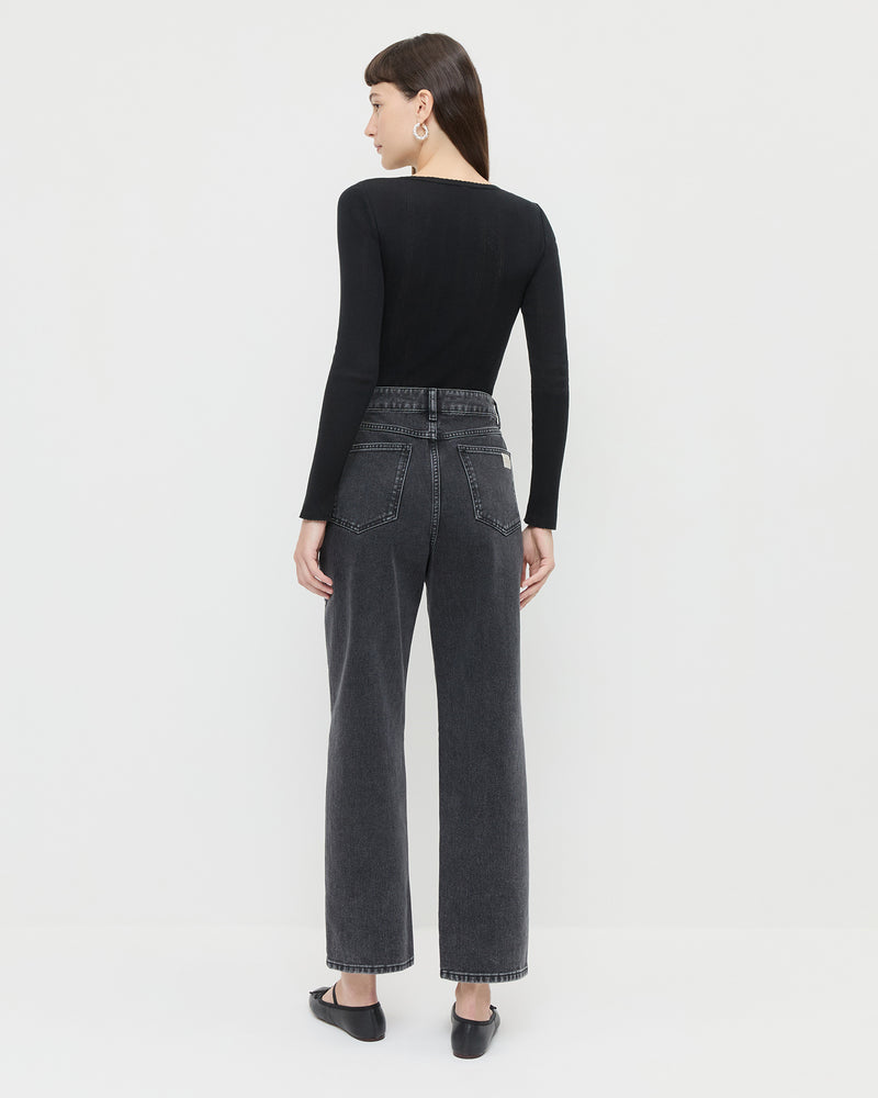 Winona Denim Barrel Pant in washed black and silver studs and Leonie Black Leather Ballet Flats.