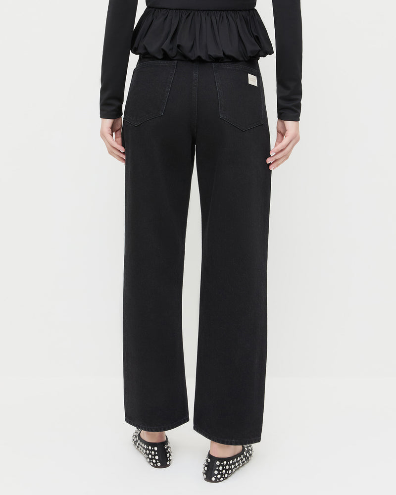 Winona Denim Pant in black denim with crystal accents all over, Posie Peplum Top in black jersey, and Landon Black/Crystal Ballet Flat.