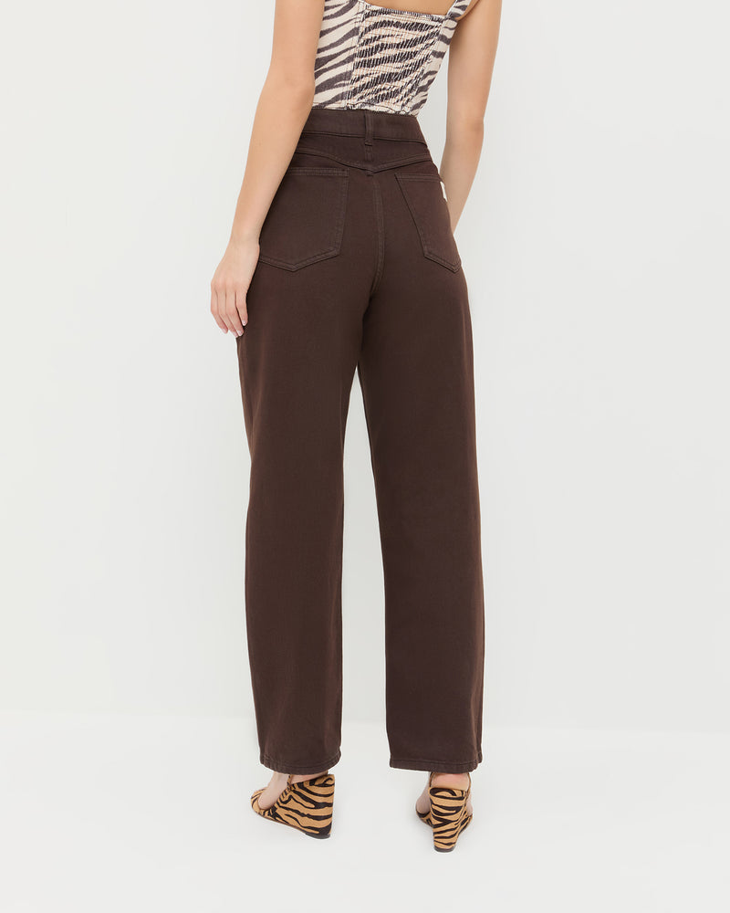 Winona Denim straight leg pant in dark brown and Gavi Zebra Wedge.