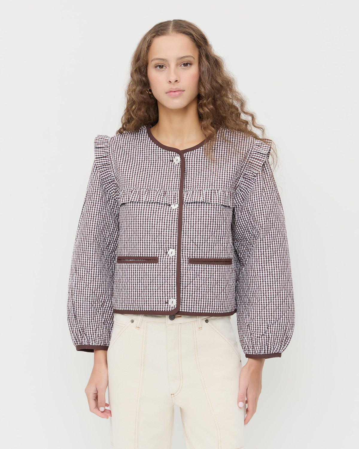 Winslet Quilted Jacket in dark brown gingham quilted cotton and Winona Denim Pant in natural denim.