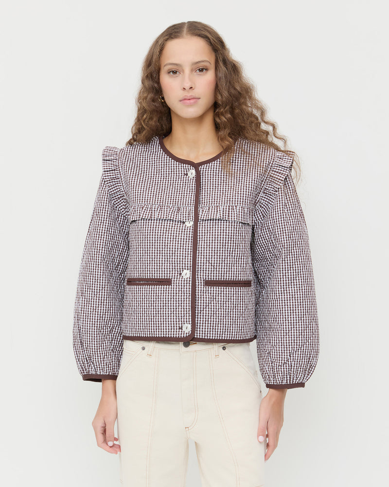 Winslet Quilted Jacket in dark brown gingham quilted cotton and Winona Denim Pant in natural denim.