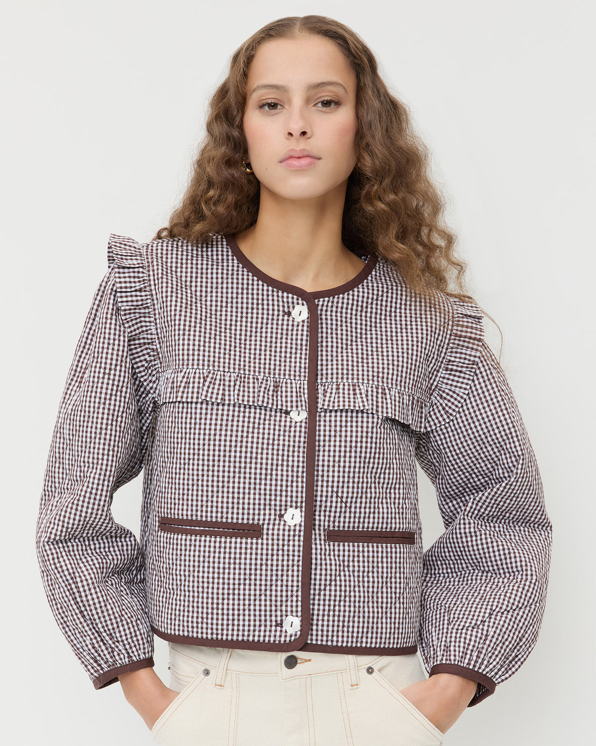 Winslet Quilted Jacket in dark brown gingham quilted cotton and Winona Denim Pant in natural denim.