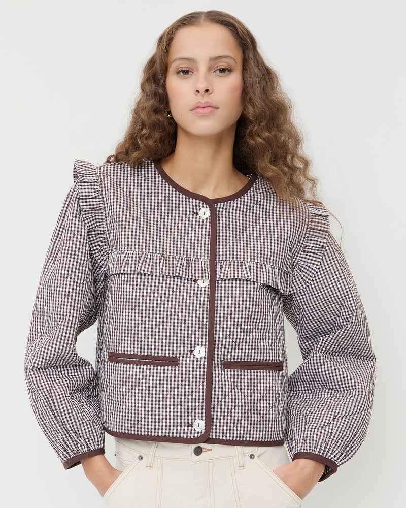 Winslet Quilted Jacket in dark brown gingham quilted cotton and Winona Denim Pant in natural denim.