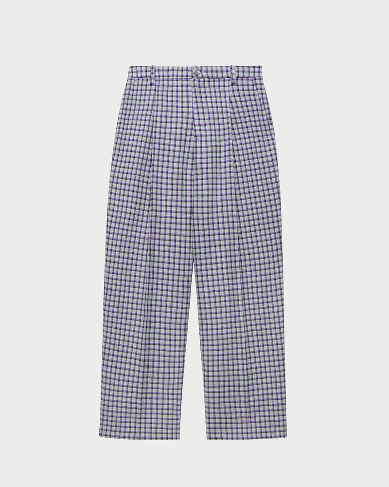 Winston Wool Pant in grey and purple plaid wool blend.