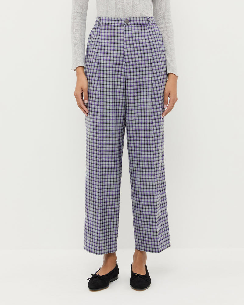 Winston Wool Pant in grey and purple plaid wool blend.