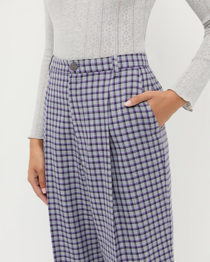 Winston Wool Pant in grey and purple plaid wool blend.