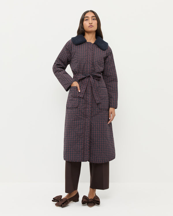 Wyatt Quilted Coat in brown and navy gingham nylon.