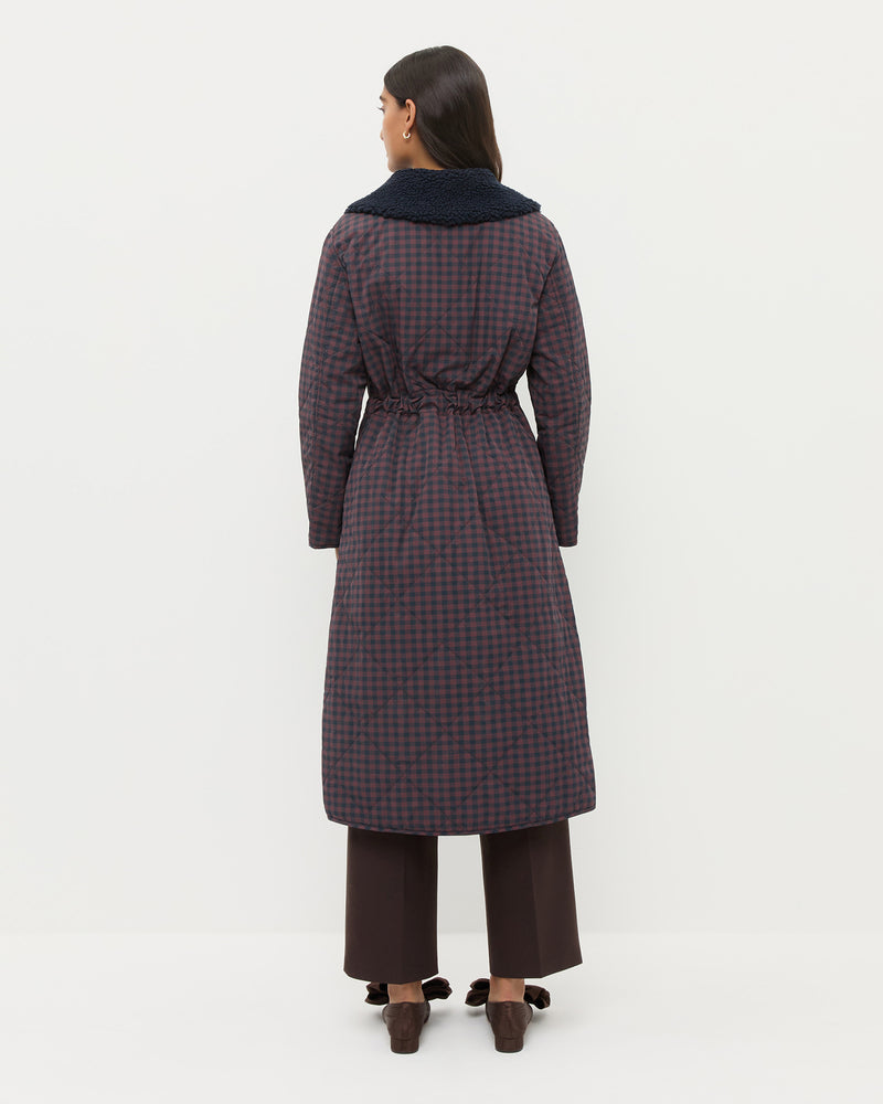 Wyatt Quilted Coat in brown and navy gingham nylon.