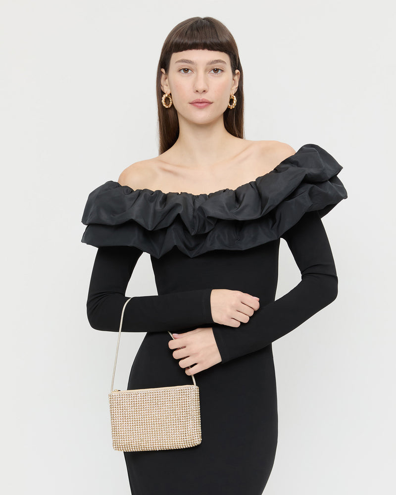 Yara Gold Diamanté Flat Clutch in gold diamanté and Suki Dress in black taffeta.